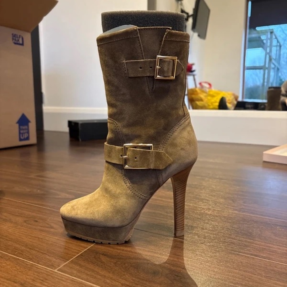 Jimmy Choo Tan Heeled Boots with Strap Details